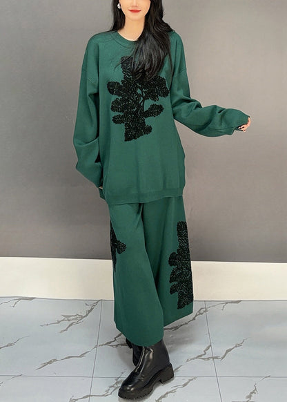 Blackish Green Sweatshirt and Wide Leg Pants Cotton Two Piece Set Embroidered Fall