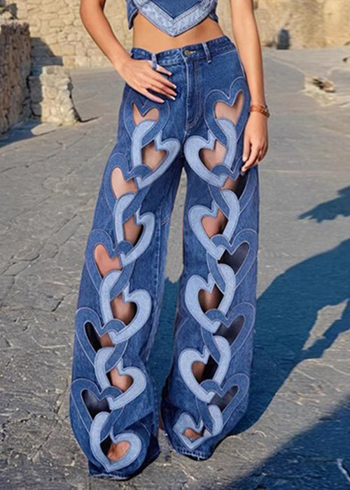 Blue Hollow Out High Waist Denim Pants Spring