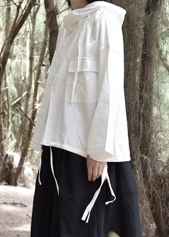 French Black Drawstring Hooded Pockets Sweatshirts Tops Spring