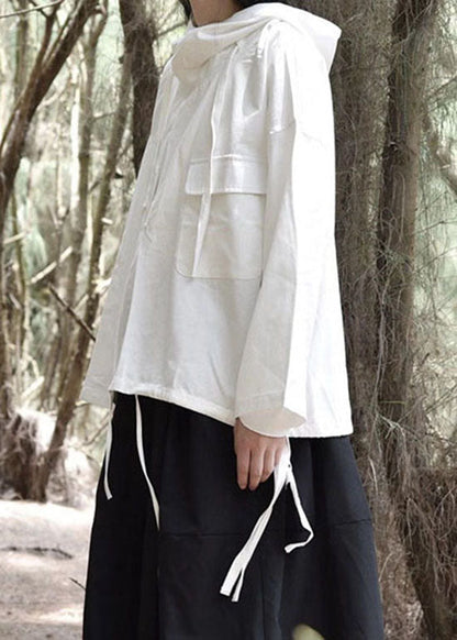 French Black Drawstring Hooded Pockets Sweatshirts Tops Spring