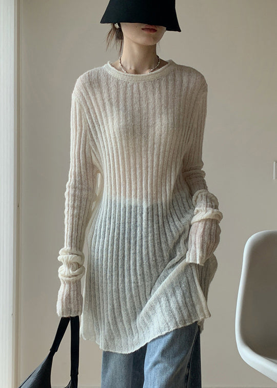Simple White O-neck Thin Knit Sweater Dress Fall