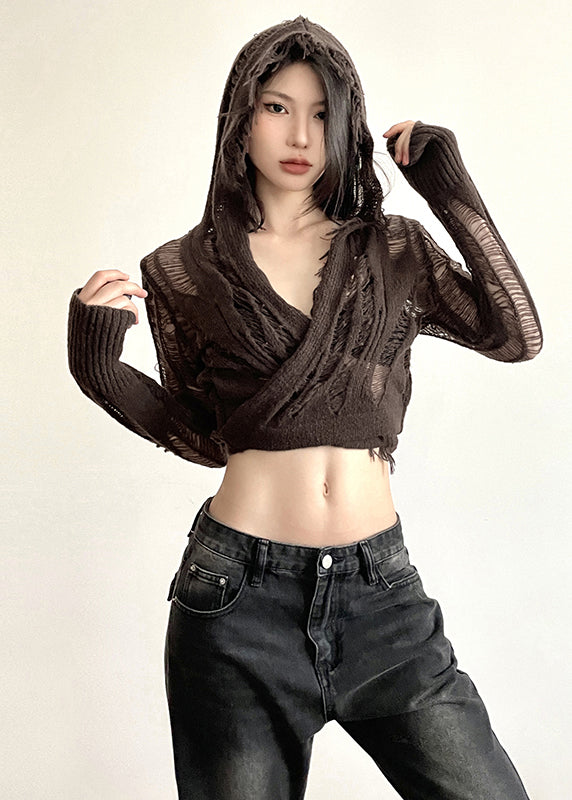 Novelty Coffee Tasseled Hollow Out Hooded Cross Strap Knitted Top