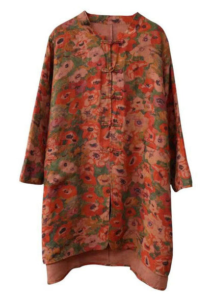 Stand Collar Chinese Button Print Linen Shirts Coat Long Sleeve