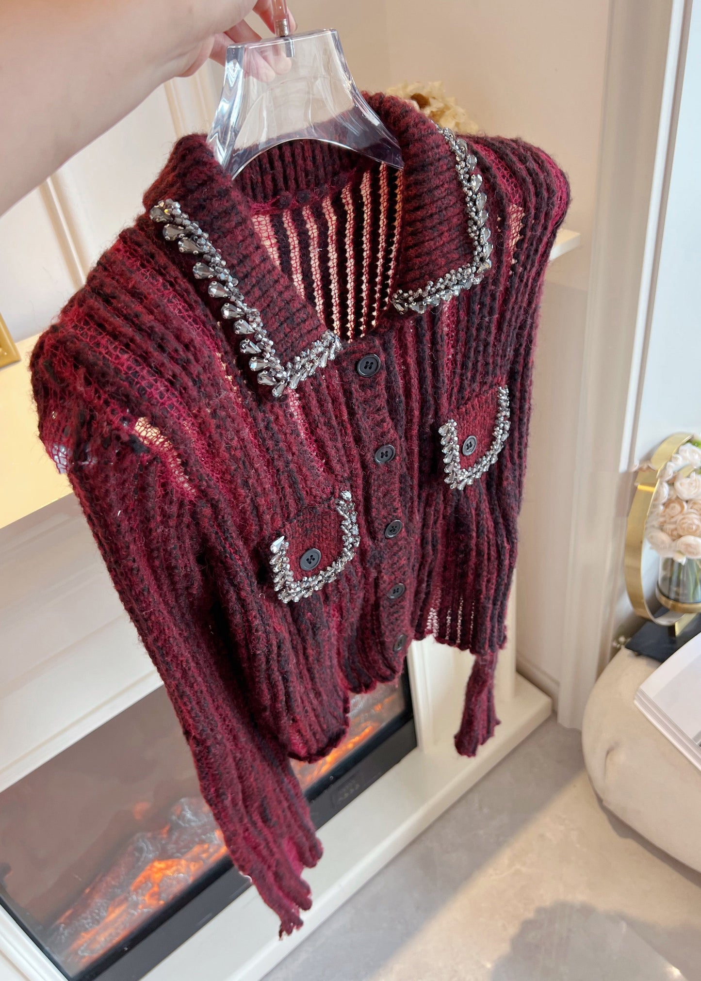 Diy Mulberry Peter Pan Collar Zircon Cotton Knit Sweaters Spring
