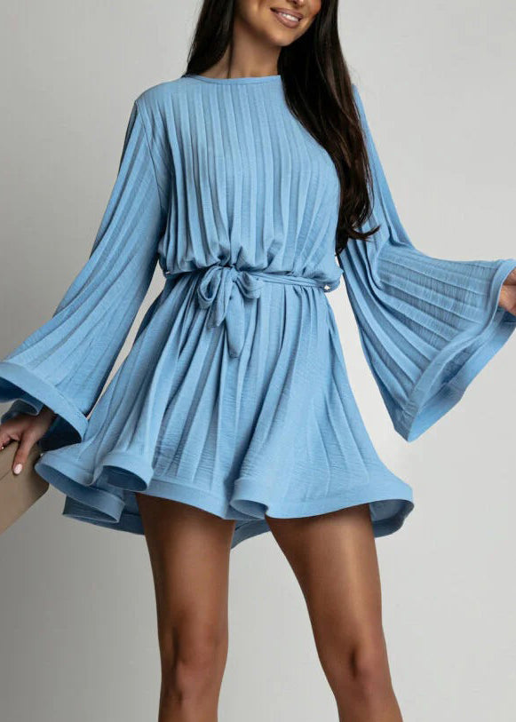Original Design Rose O-neck Wrinkled Lace Up Chiffon Mid Dress Flare Sleeve