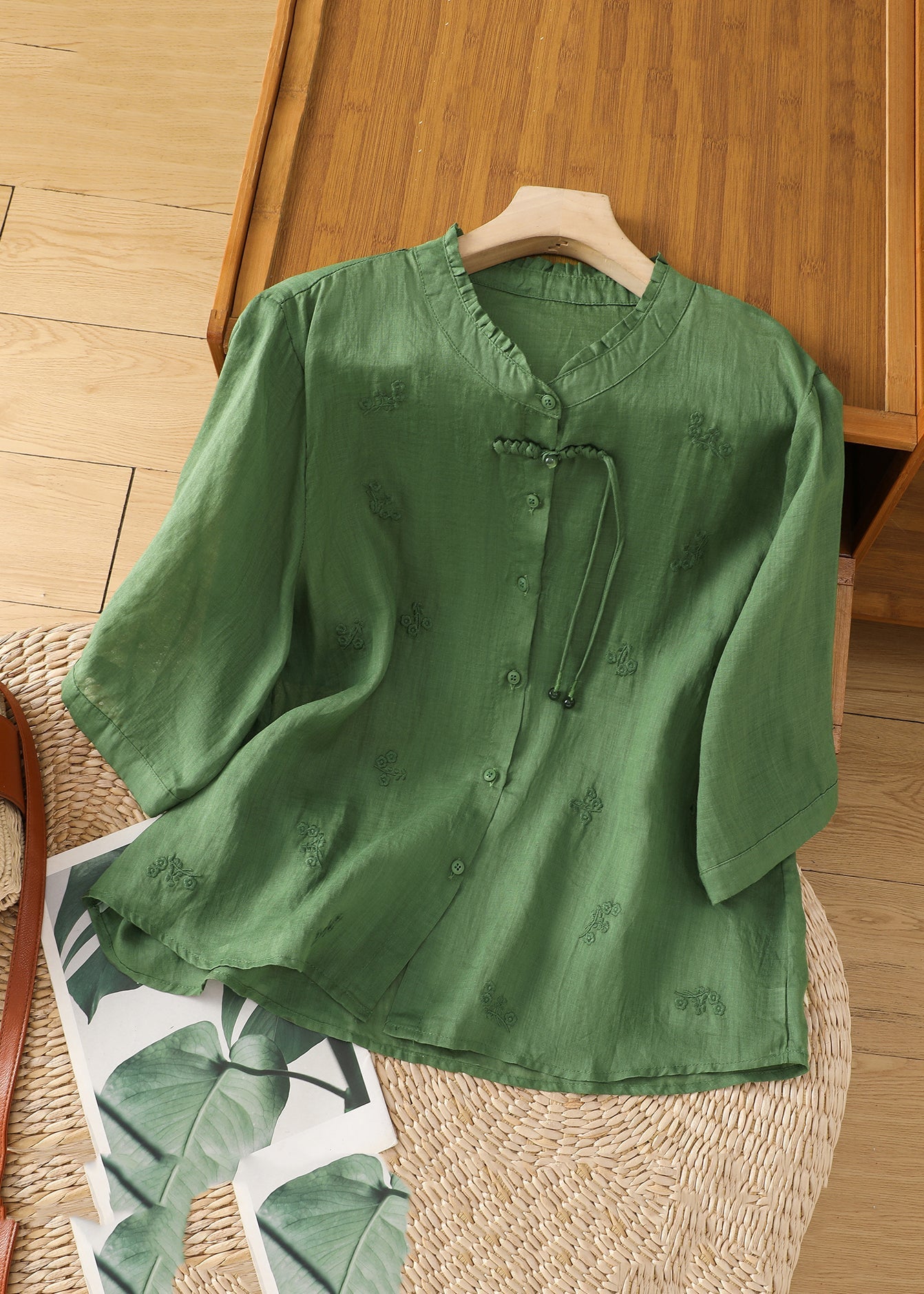 Green Stand Collar Embroidered Shirts Summer
