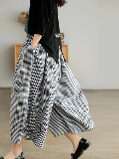 Retro Cotton Linen Plaid Wide Leg Pants