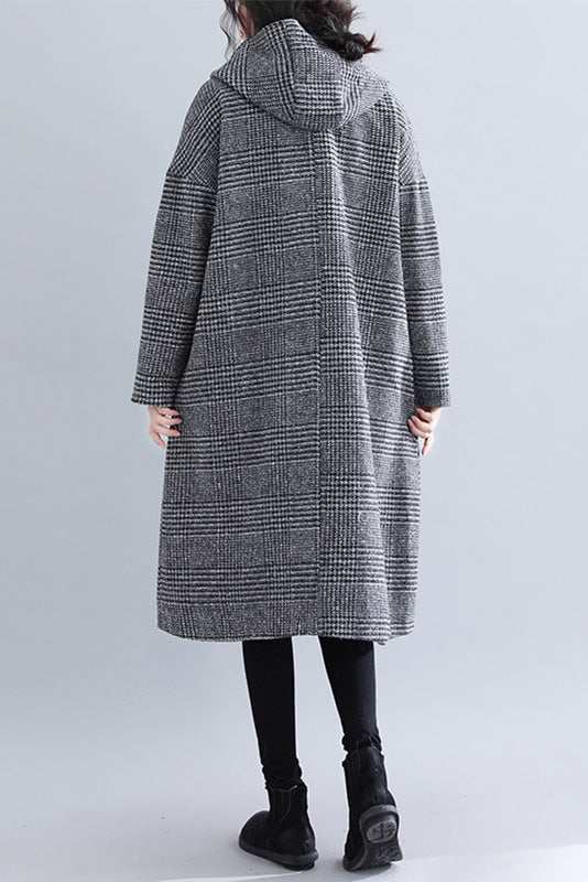 Woolen Coat Plaid Hooded Coat Mid-length Coat