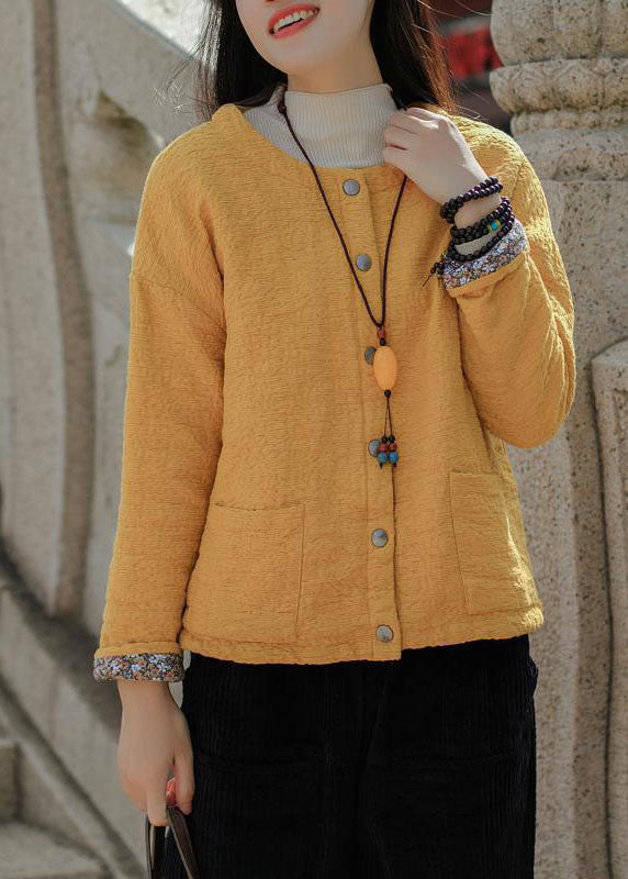 Yellow Jacquard Fine Cotton Filled Coat Outwear Winter