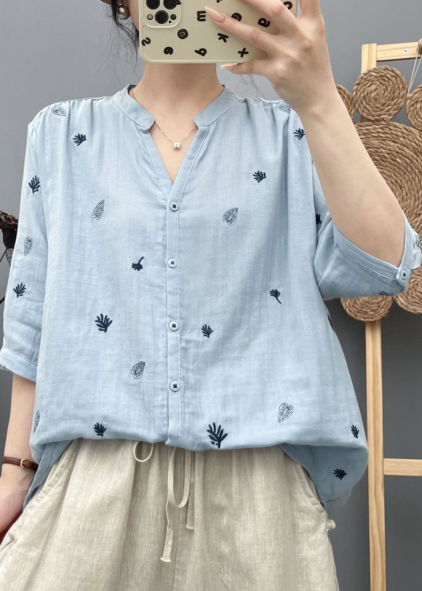 Natural Blue Embroidered Cotton Shirt Half Sleeve