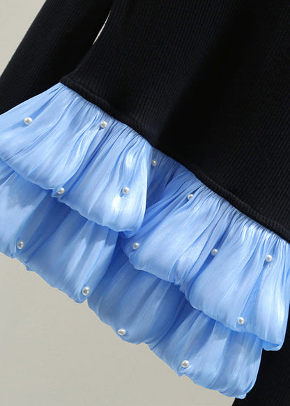 Black Chiffon Patchwork Nail Bead Cotton Knit Top Winter
