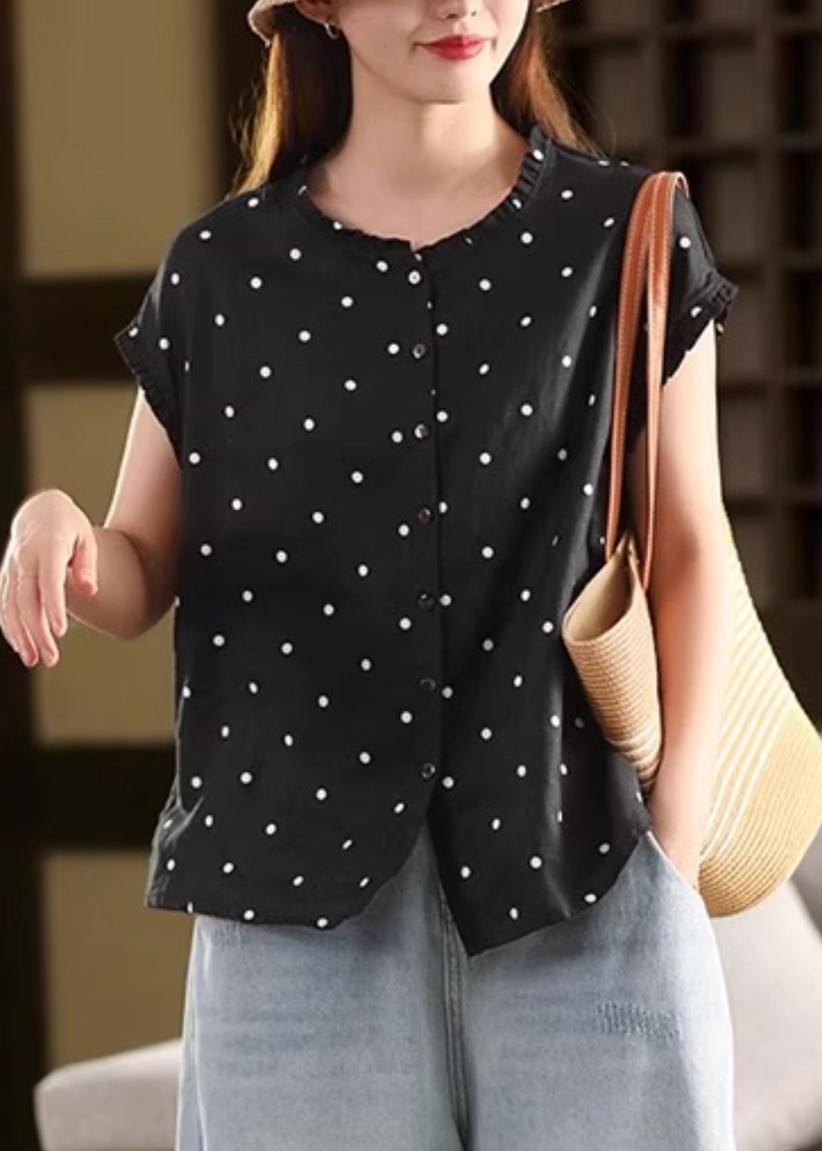Coffee Ruffled Dot Linen Shirt Summer