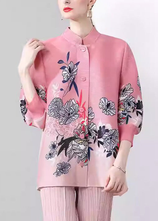 Pink Stand Collar Print Button Silk Coats Fall
