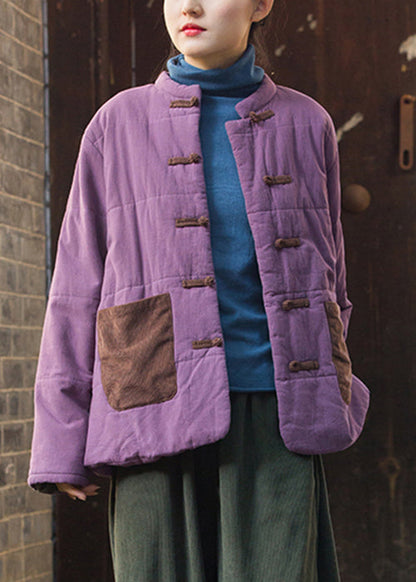 Retro Purple Chinese?button Pockets Thick Parkas Winter