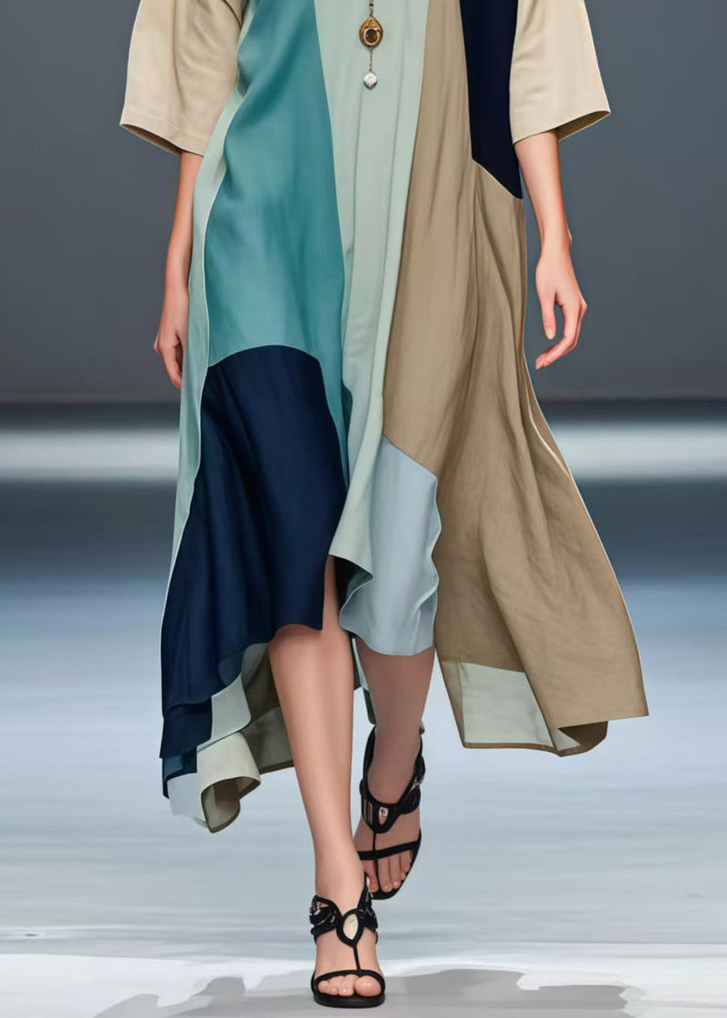 Stylish Asymmetrical Patchwork Cotton Robe Dresses Summer