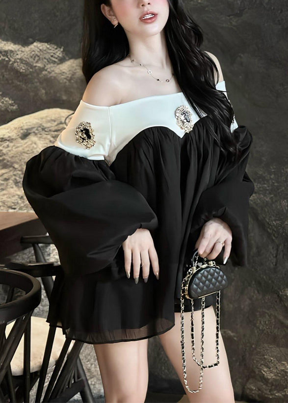 Black Slash Neck Patchwork Chiffon Mid Dress Lantern Sleeve