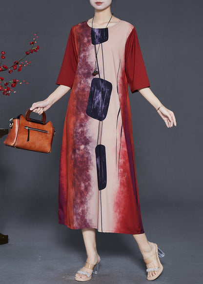 Red Print Tie Dye Silk Long Dress Summer