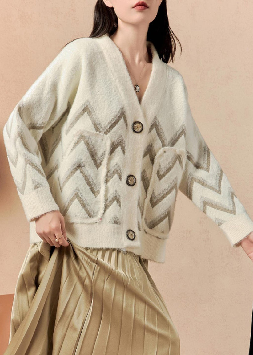 Beige V Neck Button Pockets Knit Coat Winter