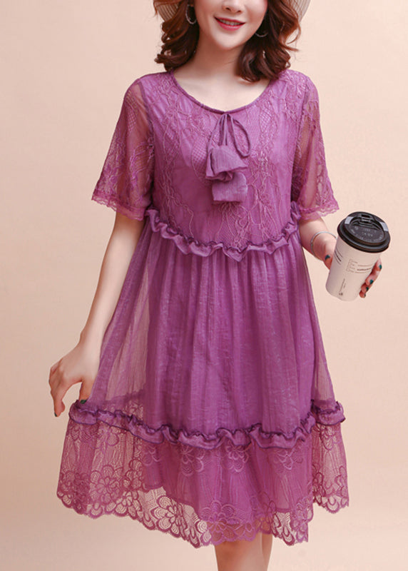 Diy Purple Ruffled Embroidered Silk Dress Summer