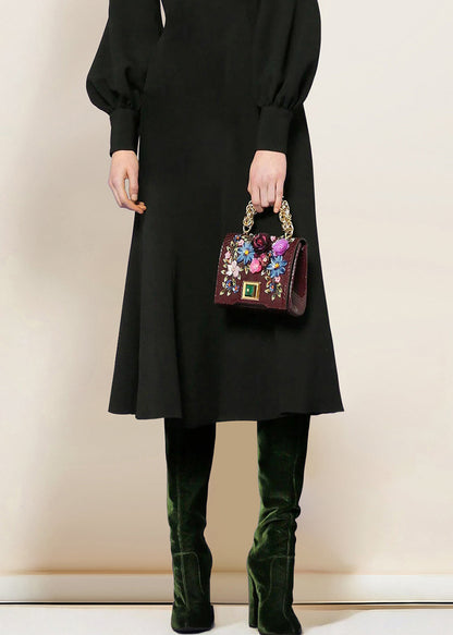 Black O-neck Cotton Dress Lantern Sleeve