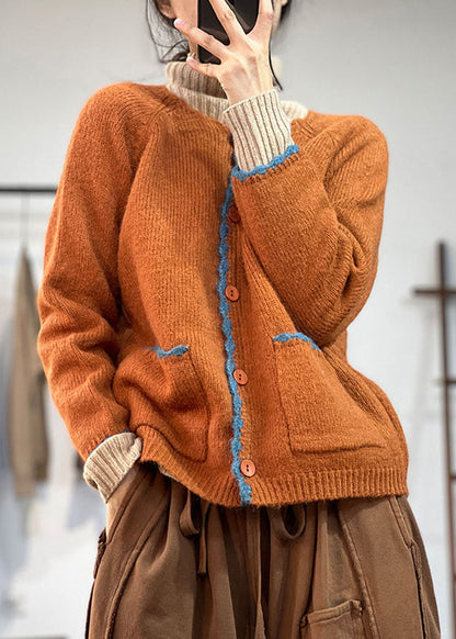 Orange Button Pockets Woolen Coats Fall
