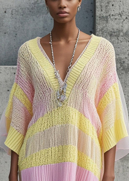 Yellow V Neck Patchwork Tulle Sweater Dress Fall