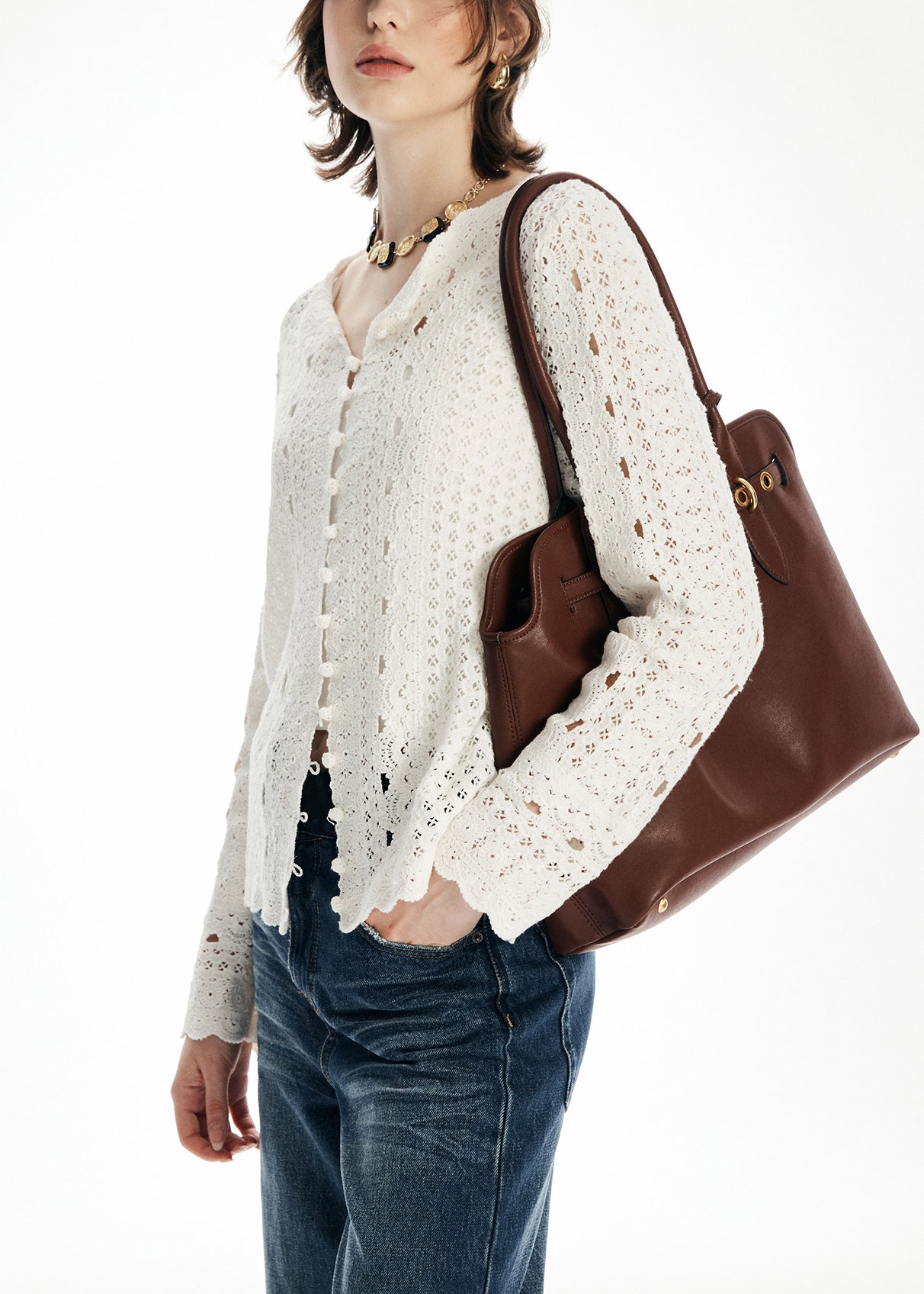 Beige O Neck Hollow Out Knit Cardigan Fall
