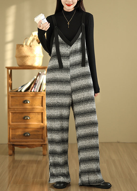 Grey Oversized Striped Cotton Overalls Jumpsuit Summer