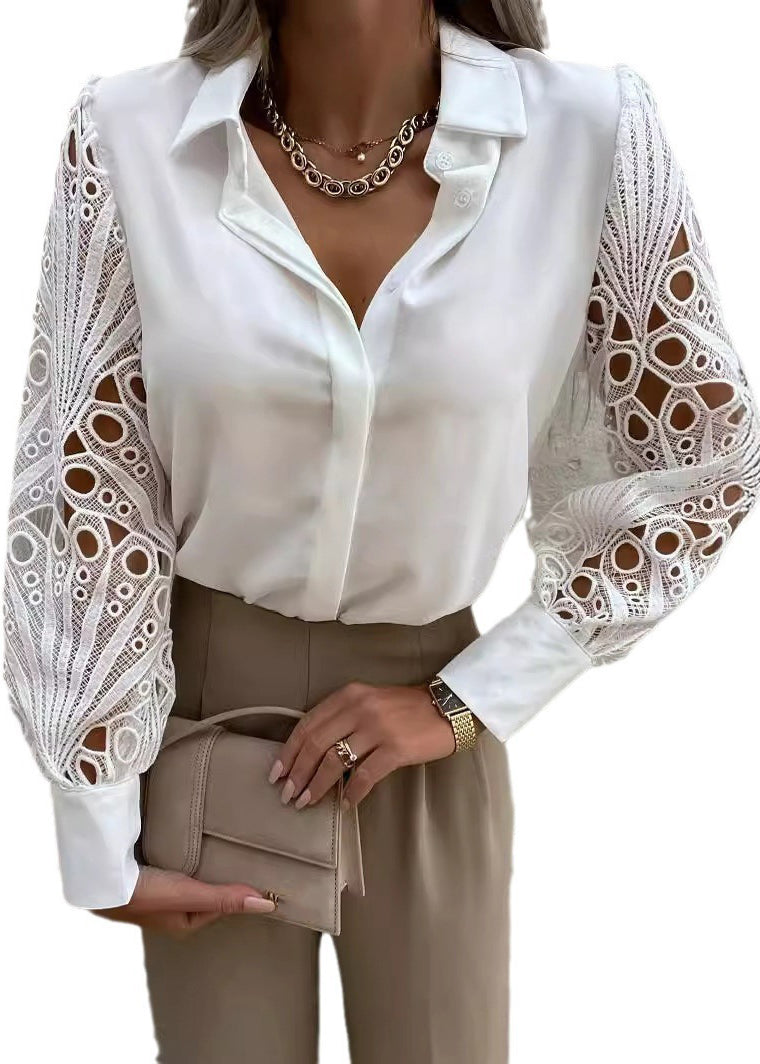 Style White Hollow Out Lace Patchwork Chiffon Shirt Tops Fall