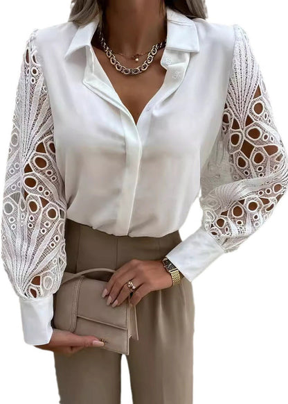 Style White Hollow Out Lace Patchwork Chiffon Shirt Tops Fall