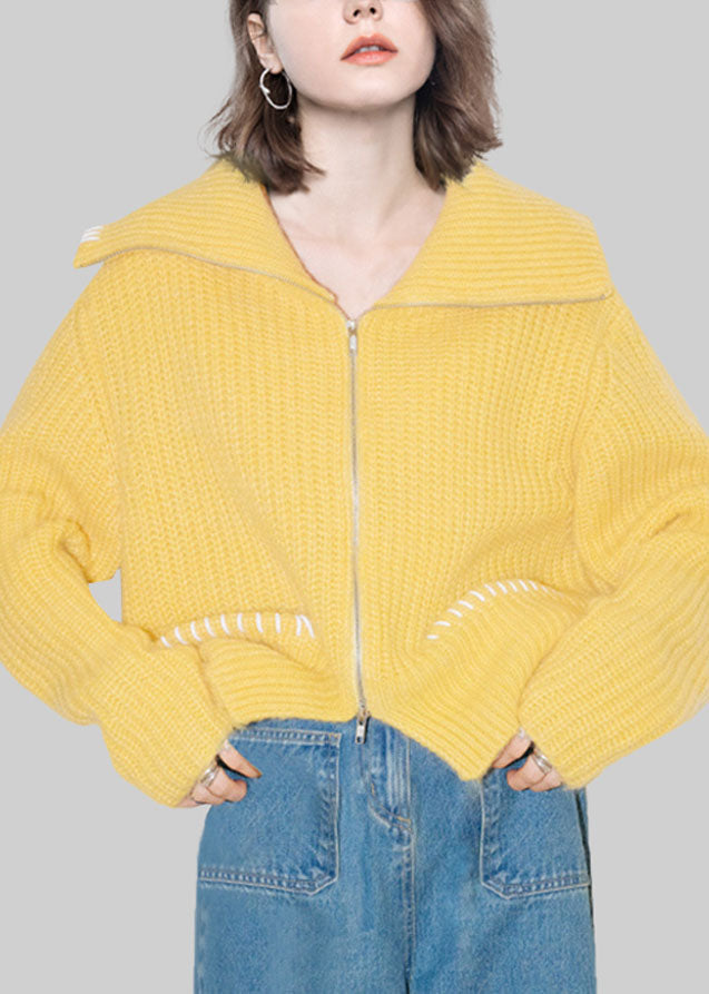 Yellow Peter Pan Collar Zippered Cotton Knit Cardigans Fal