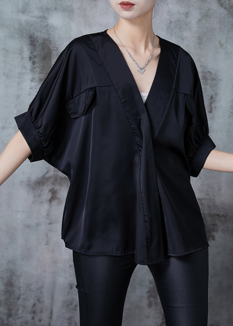 Black V Neck Patchwork Silk Shirt Top Summer