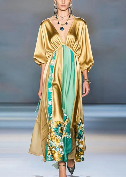Orange Deep-v Neck Patchwork Silk Maxi Dresses Batwing Sleeve
