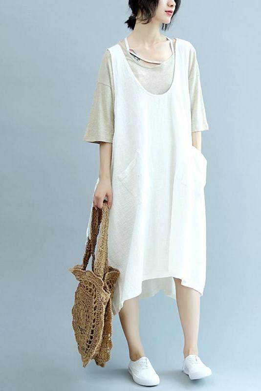 Summer Beige Linen Sleeveless Suspender Dresses