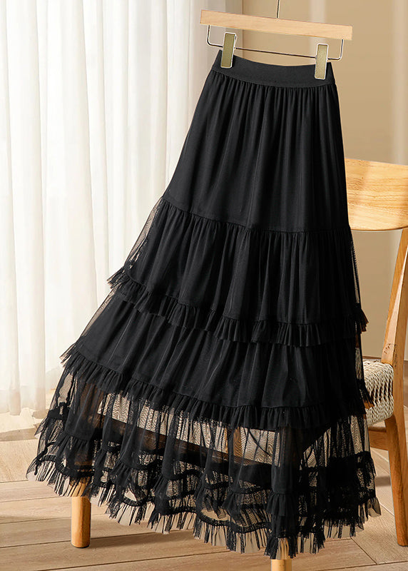 Black Ruffled Elastic Waist Tulle Long Cake Skirts