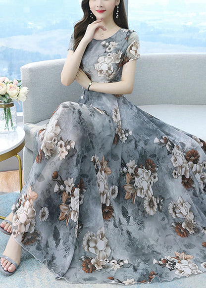 White Print Exra Large Hem Chiffon Vacation Dresses Summer