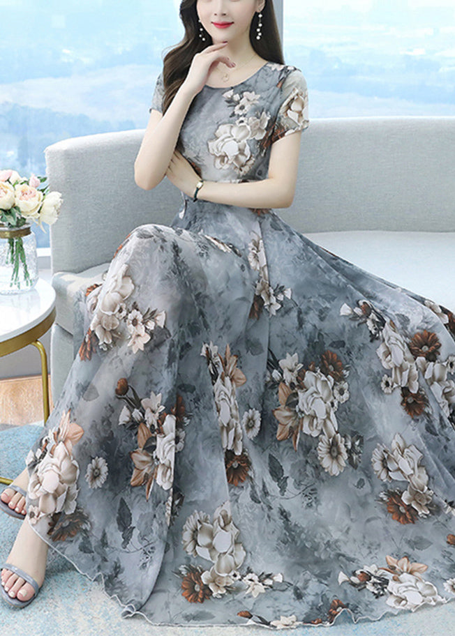 White Print Exra Large Hem Chiffon Vacation Dresses Summer