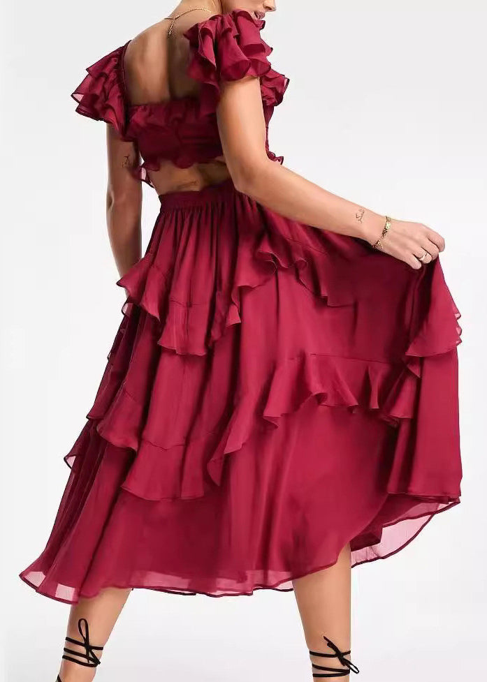 Red Backless Ruffled Cotton Long Dress Summer