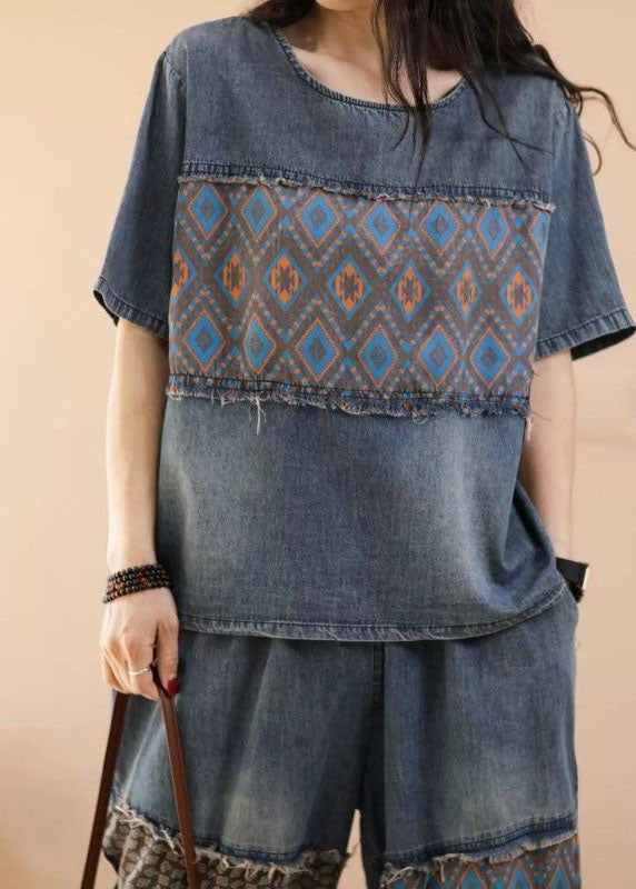 Blue O-neck Patchwork Tops and Pants Denim Two Pieces Set Summer