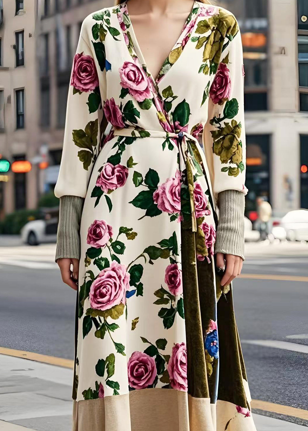 Apricot Tie Waist Silk Velvet Long Dresses Spring