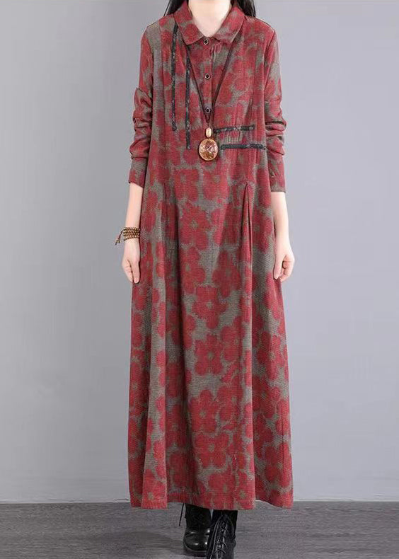 Red Peter Pan Collar Print Patchwork Cotton Long Dress Fall