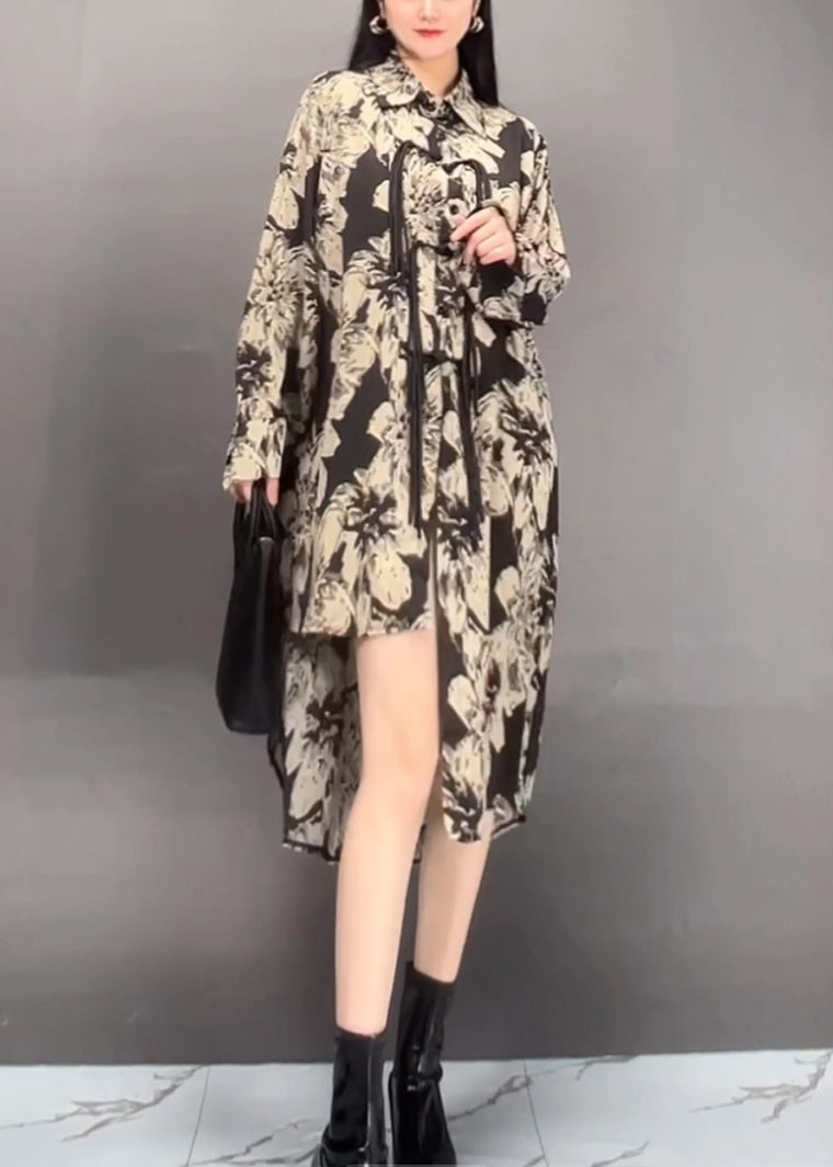 Black Peter Pan Collar Asymmetrical Print Long Dress Fall