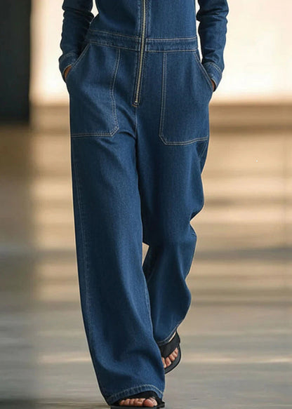 New Blue Peter Pan Collar Zippered Patchwork Denim Jumpsuit Fall