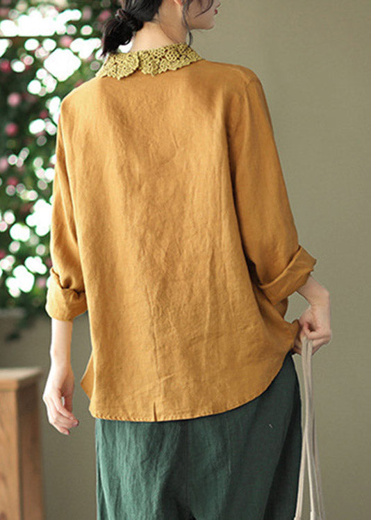 Style Yellow Peter Pan Collar Embroidered Linen Shirts Long Sleeve