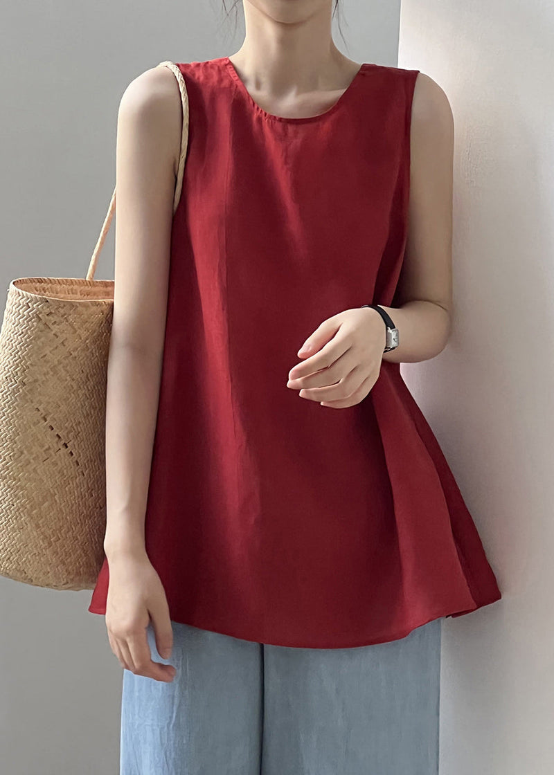 Red Lace Up Cotton Tops Sleeveless
