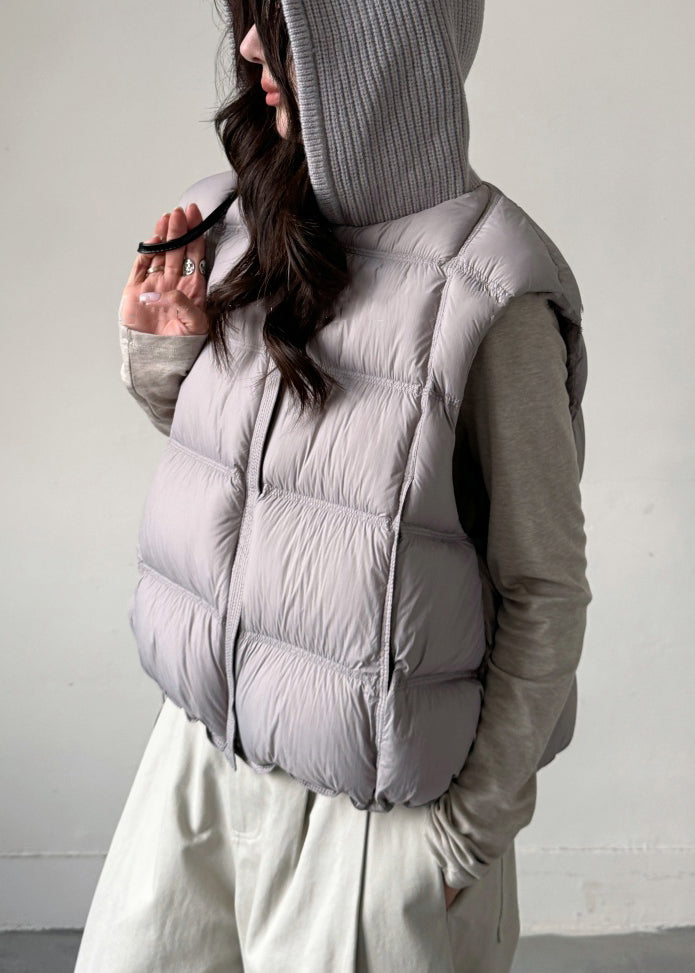 Grey Zippered Knit Patchwork Duck Down Waistcoat Hooded Sleeveless