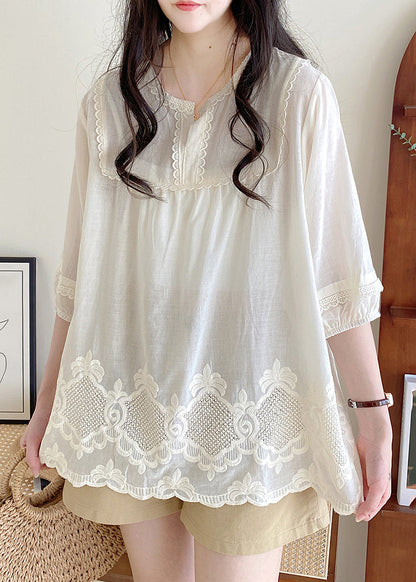 Style Apricot O-neck Lace Patchwork Hollow Out Shirt Half Sleeve
