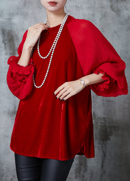 Red Oversized Patchwork Velour Shirt Tops Fall