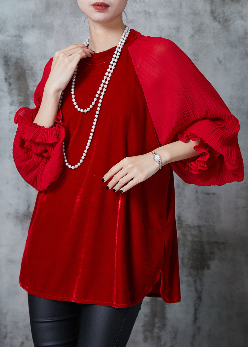 Red Oversized Patchwork Velour Shirt Tops Fall