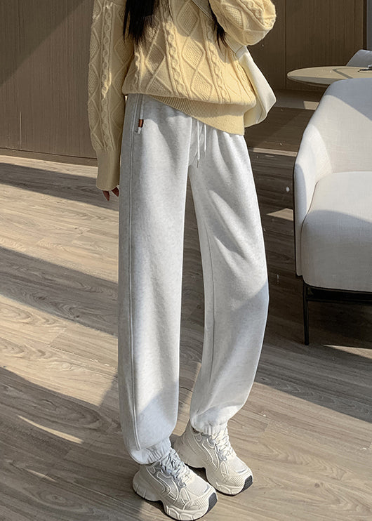 Light Grey Pockets Elastic Waist Warm Fleece Beam Pants Winter
